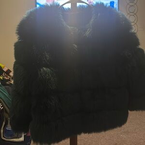 Waist length, green faux fur check size large with three-quarter sleeves